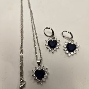 Silver, Blue CZ Saffire, and White Crystal Heart Necklace and Earrings Set